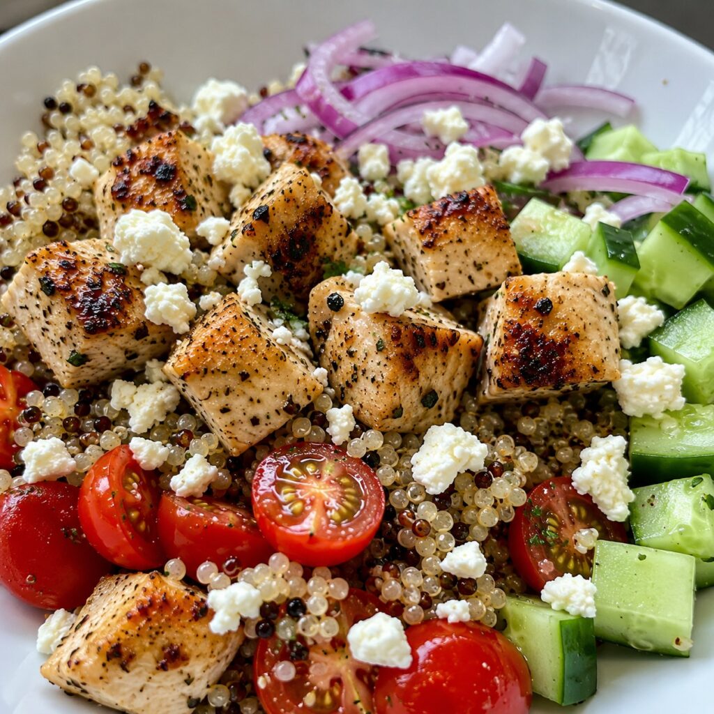 Healthy Mediterranean Chicken Quinoa Bowl healthy mediterranean chicken quinoa bowl close up