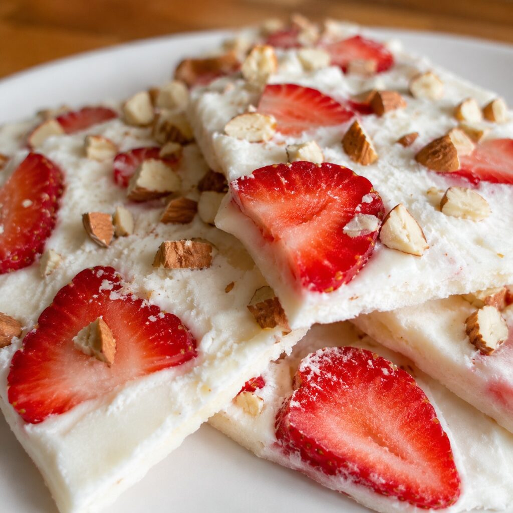healthy strawberry yogurt bark close up