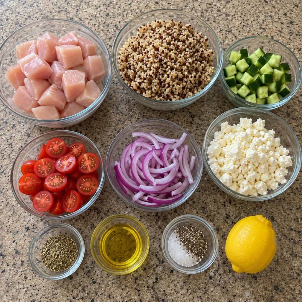 Healthy Mediterranean Chicken Quinoa Bowl ingredients mediterranean chicken quinoa bowl