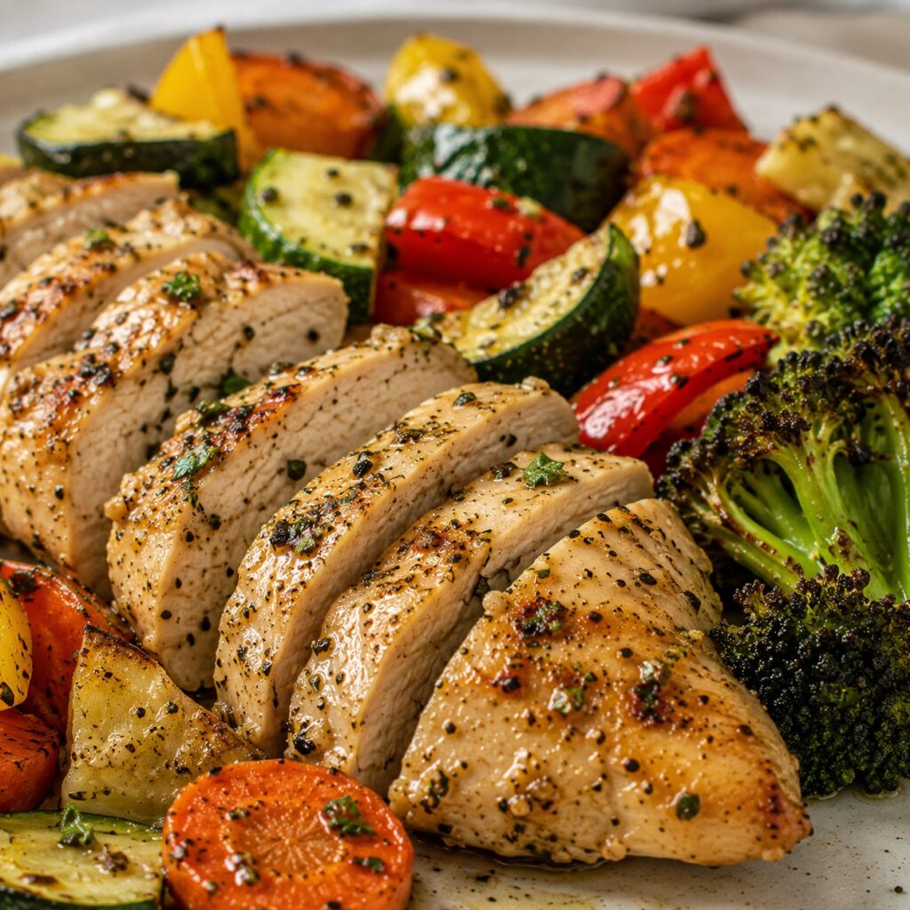 Lemon Herb Chicken with Roasted Vegetables lemon herb chicken roasted vegetables close up