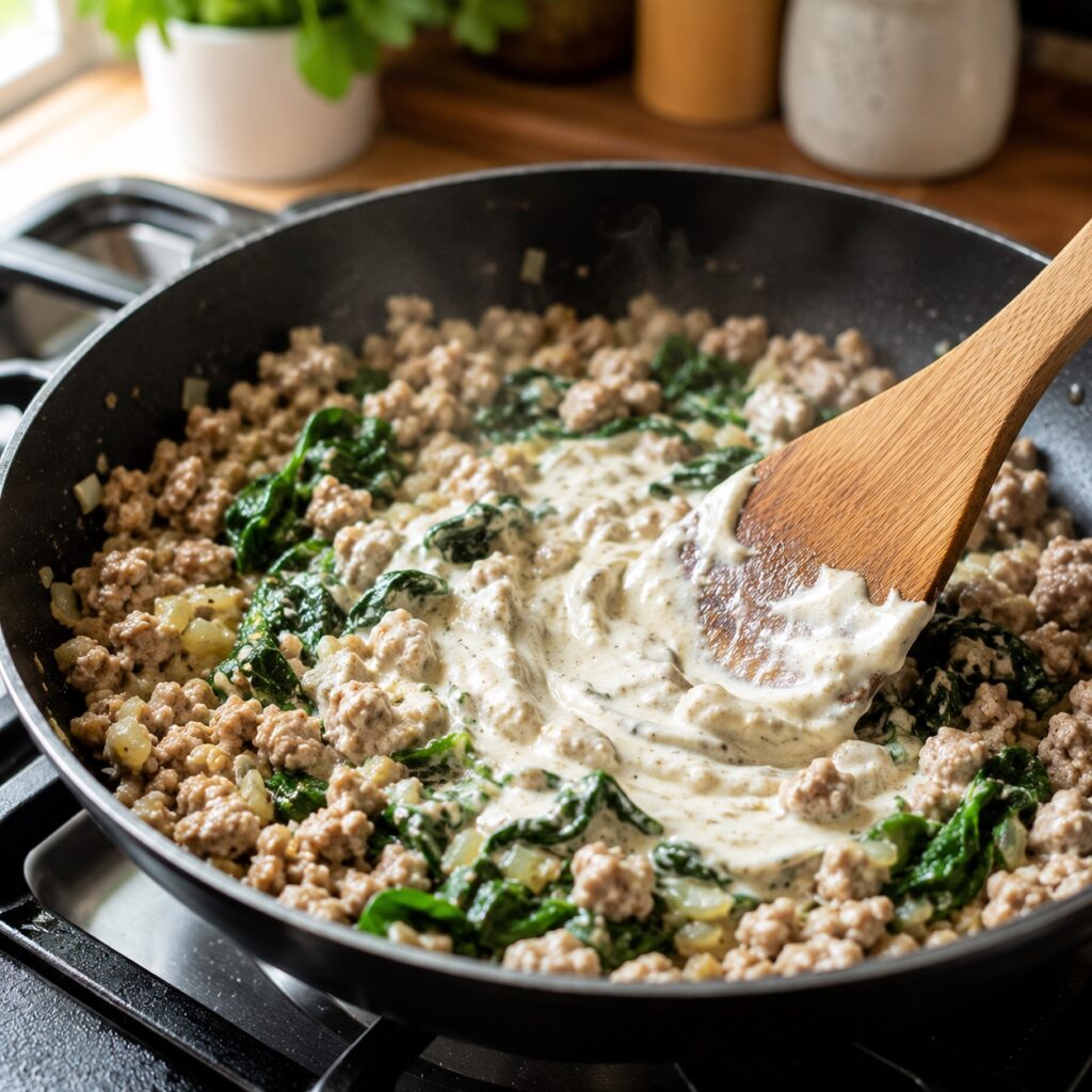 Creamy Spinach Turkey Skillet Healthy Dinner making creamy spinach turkey skillet