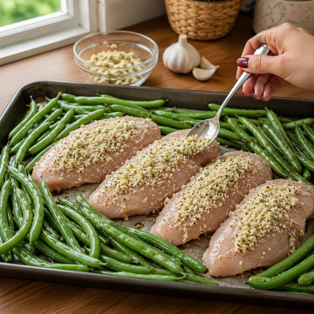 Garlic Parmesan Chicken and Green Beans making garlic parmesan chicken green beans