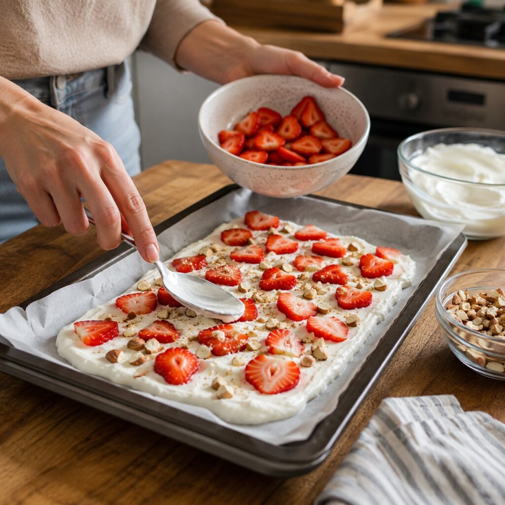 making healthy strawberry yogurt bark