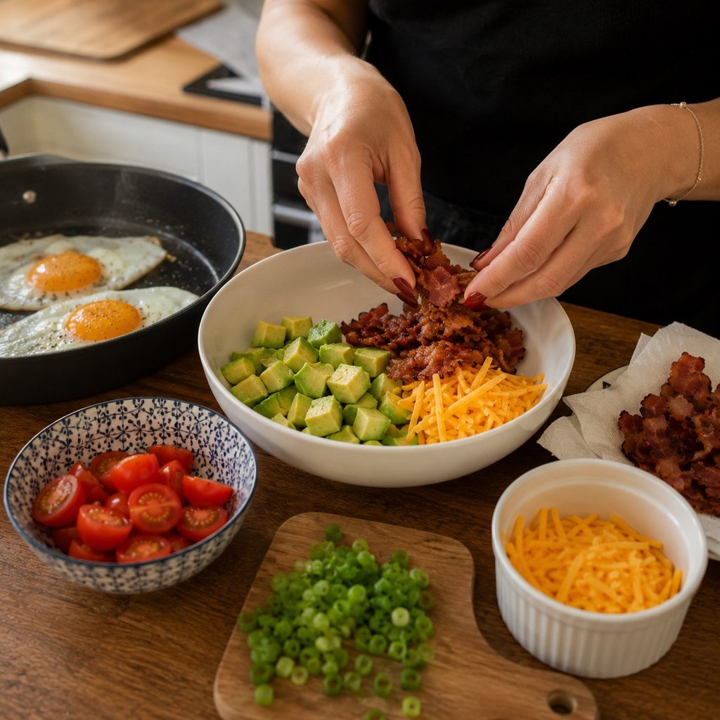 making keto bacon avocado breakfast bowl