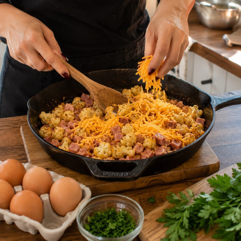 making keto ham cheese cauliflower hash
